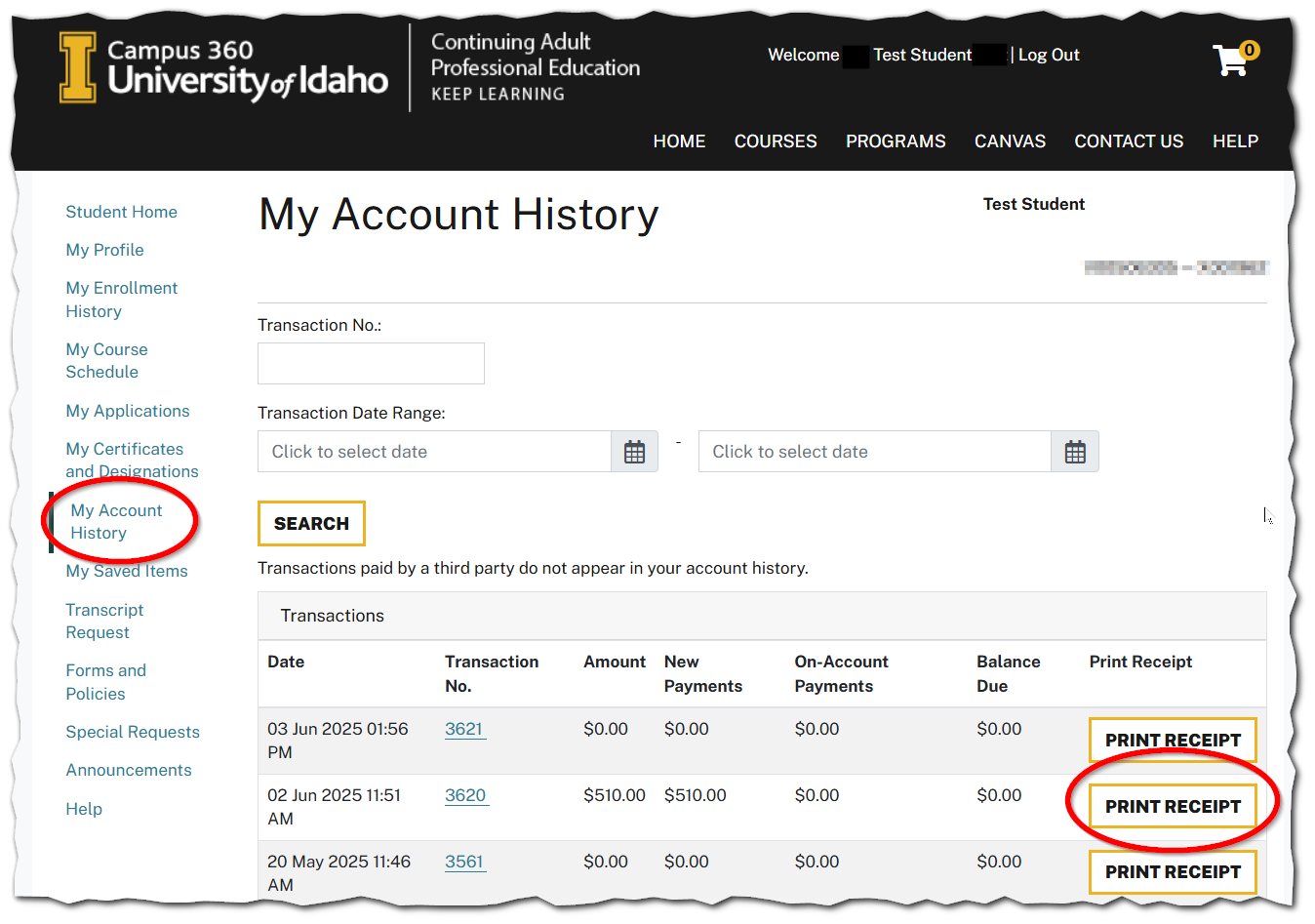 My Account History screen with Print Receipt button circled next to sample transaction