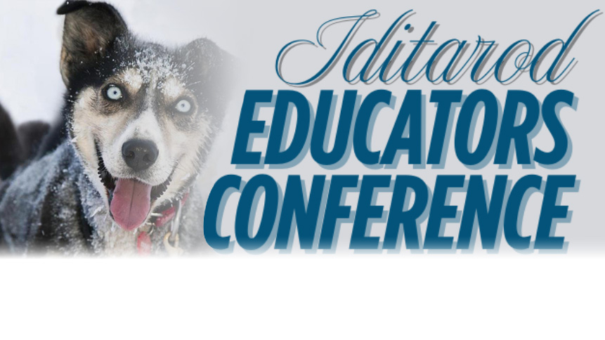 Photo of snowy dog overlaid with text Iditarod Educators Conference
