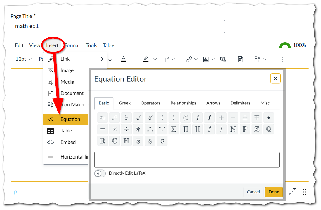 CANVAS equation editor menu item heighlighted under the CANVAS Rich Content Editor Insert menu