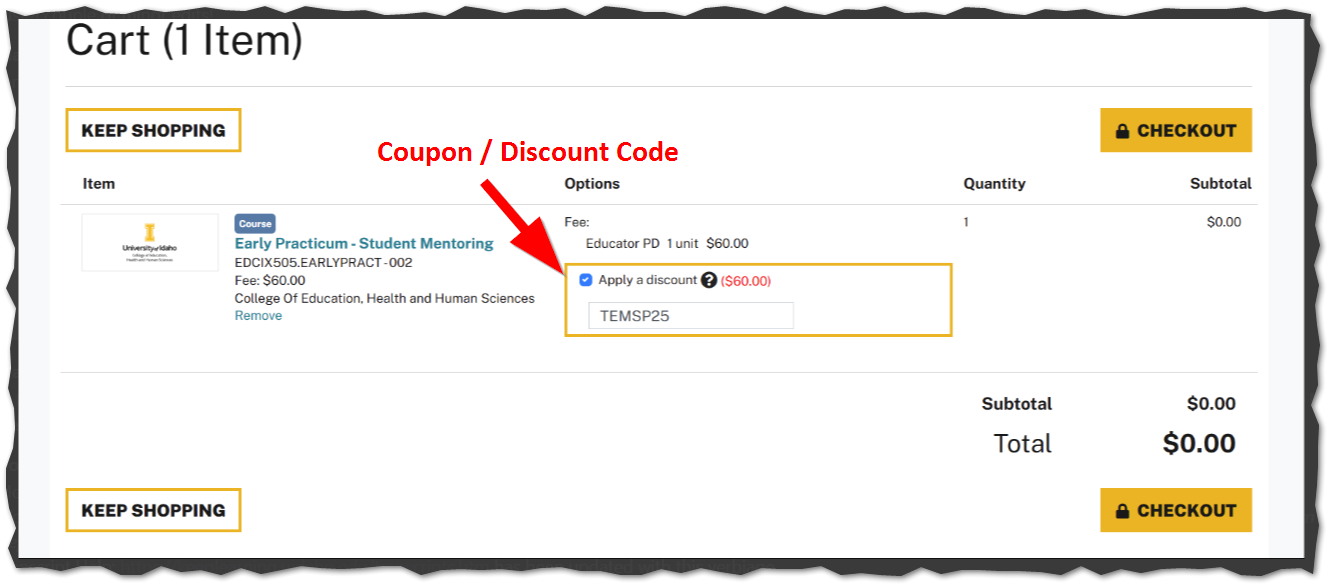 Cart Screen with discount field highlighted