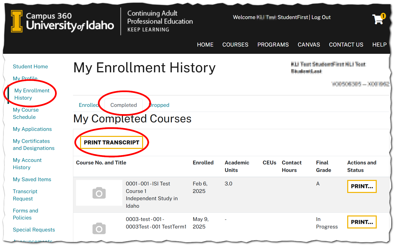 My Enrollment History with Completed tab and Print Transcript button circled