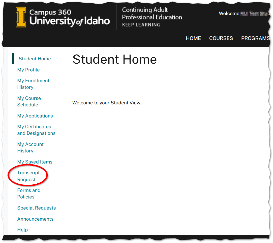 Student Profile screen with Transcript Request menu item circled.