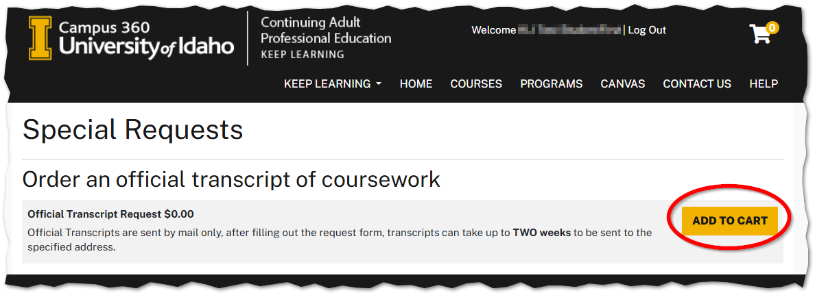 Special Request screen for ording official transcripts of course work with Add to Cart circled