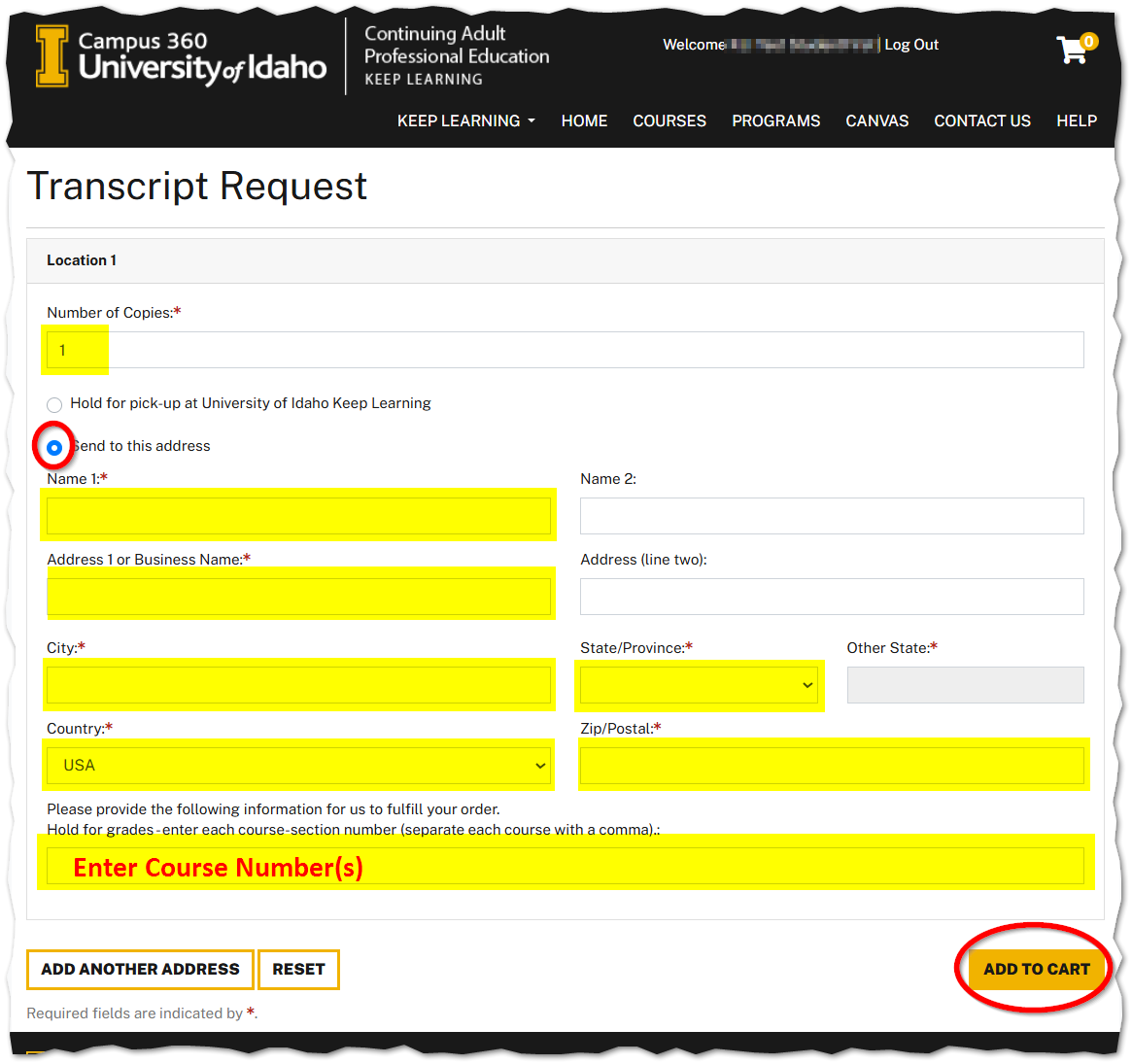 Transcript request screen showing the necessary form fields which must be filled out and Add to Cart circled again