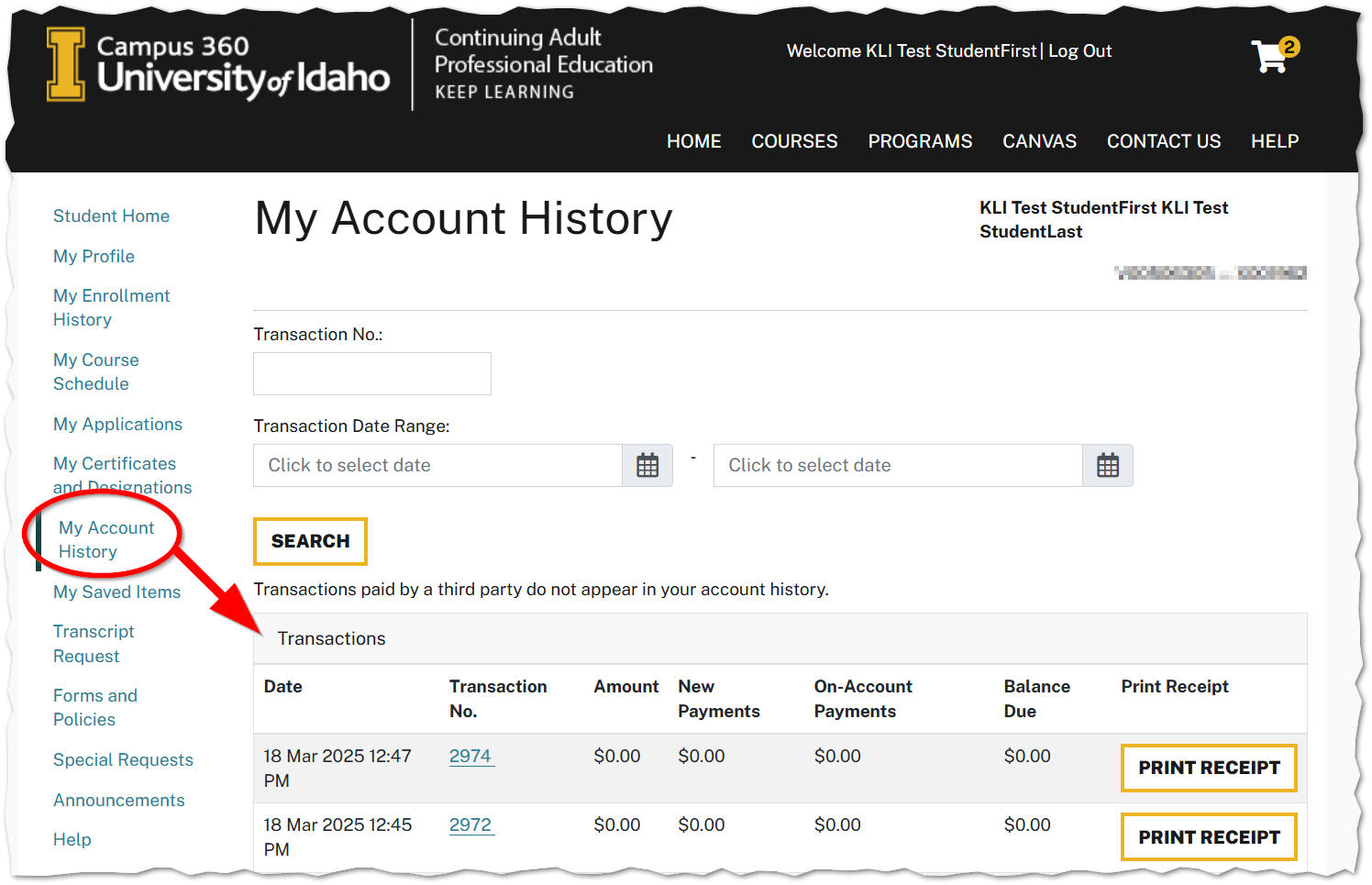 My Account History screen with an arrow pointing at past financial transaction records