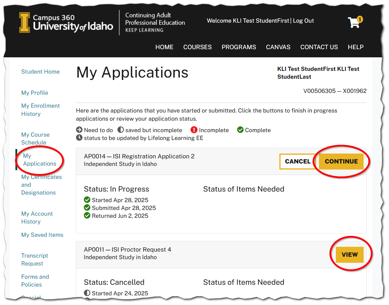 My Applications screen with Continue and View buttons circled next to sample applications for this sample student