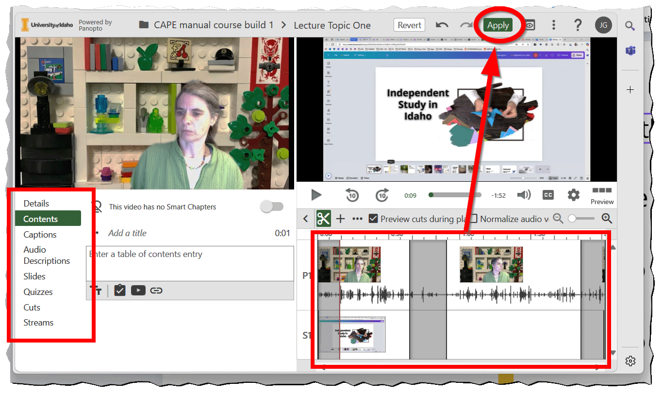 Video editor trim and features highlighted. Click Apply to finish trimming video.