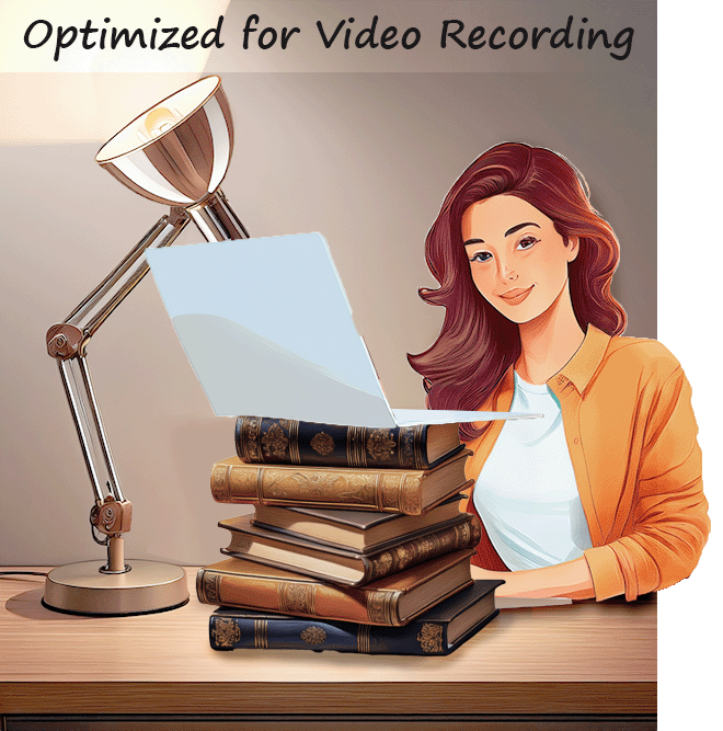 Optimized for video recording shows woman sitting at desk with light bouncing off wall and camera at eye level.